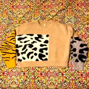 Elan Fuzzy Animal Print Cropped Sweater